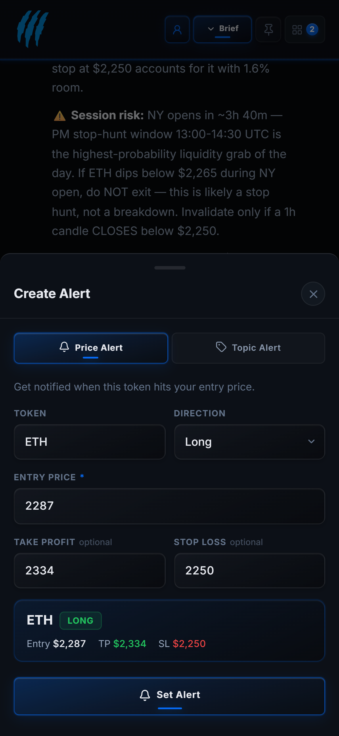 Ask Claw generated ETH long candidate setup, with entry, stop, take-profit ladder, position sizing, reward-to-risk and reward-risk sanity check