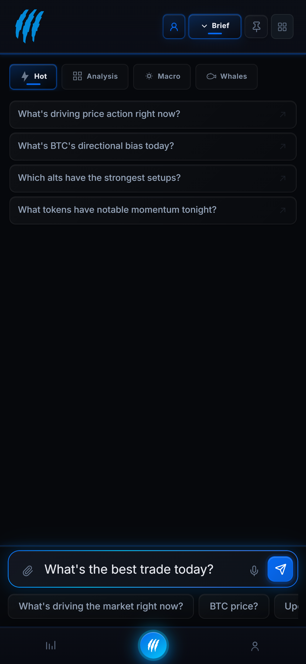 Ask Claw prompt hub, with Hot, Analysis, Macro and Whales filter tabs and suggested setup questions